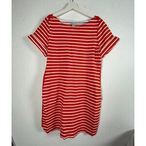 Tommy Bahama Women Orange White Striped Boat Neck Short Sleeve Shift Dress Large